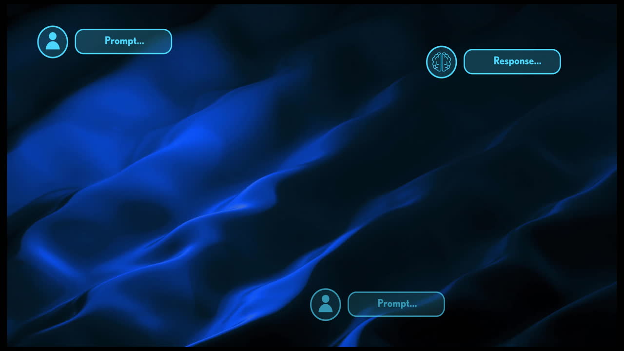 animación del procesamiento de datos con íconos sobre senderos de luz azul de fondo