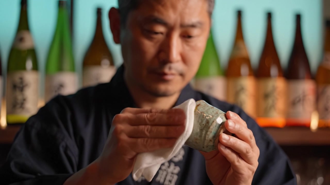 Seorang Pengrajin dengan Teliti Membersihkan Cangkir Keramik Tradisional, Menunjukkan Dedikasi dan Keterampilan dalam Lingkungan yang Tenang Dipenuhi Botol Berwarna-warni di Latar Belakang.