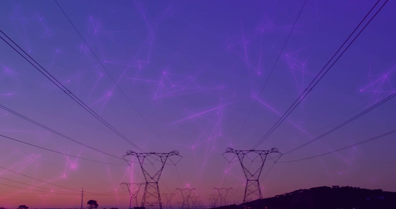 Camera panning down, towers rising along corridor, purple network tracing energy flow above wires