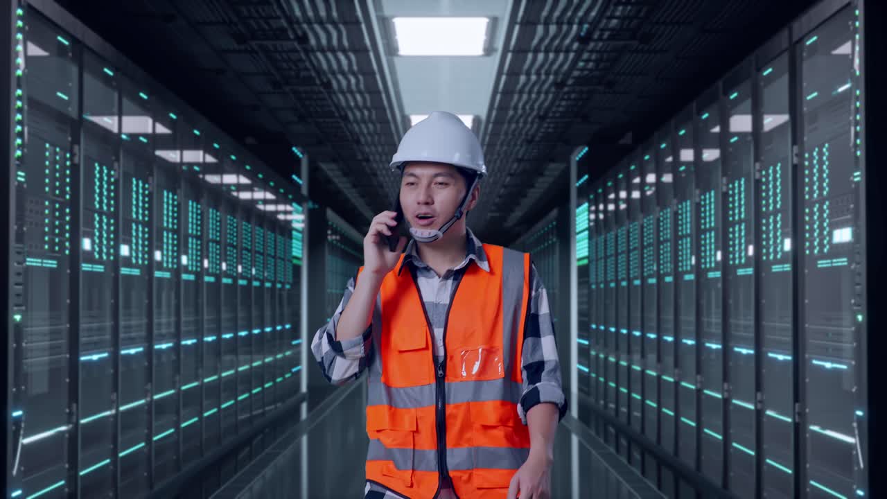 Vorderansicht eines asiatischen Ingenieurs, der in einem Rechenzentrum geht und am Smartphone telefoniert.
