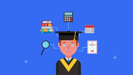 joven estudiante con iconos de aprendizaje electrónico