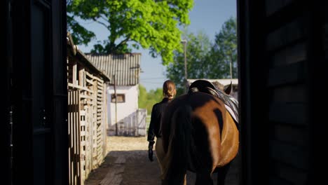 woman walking horse in a stable