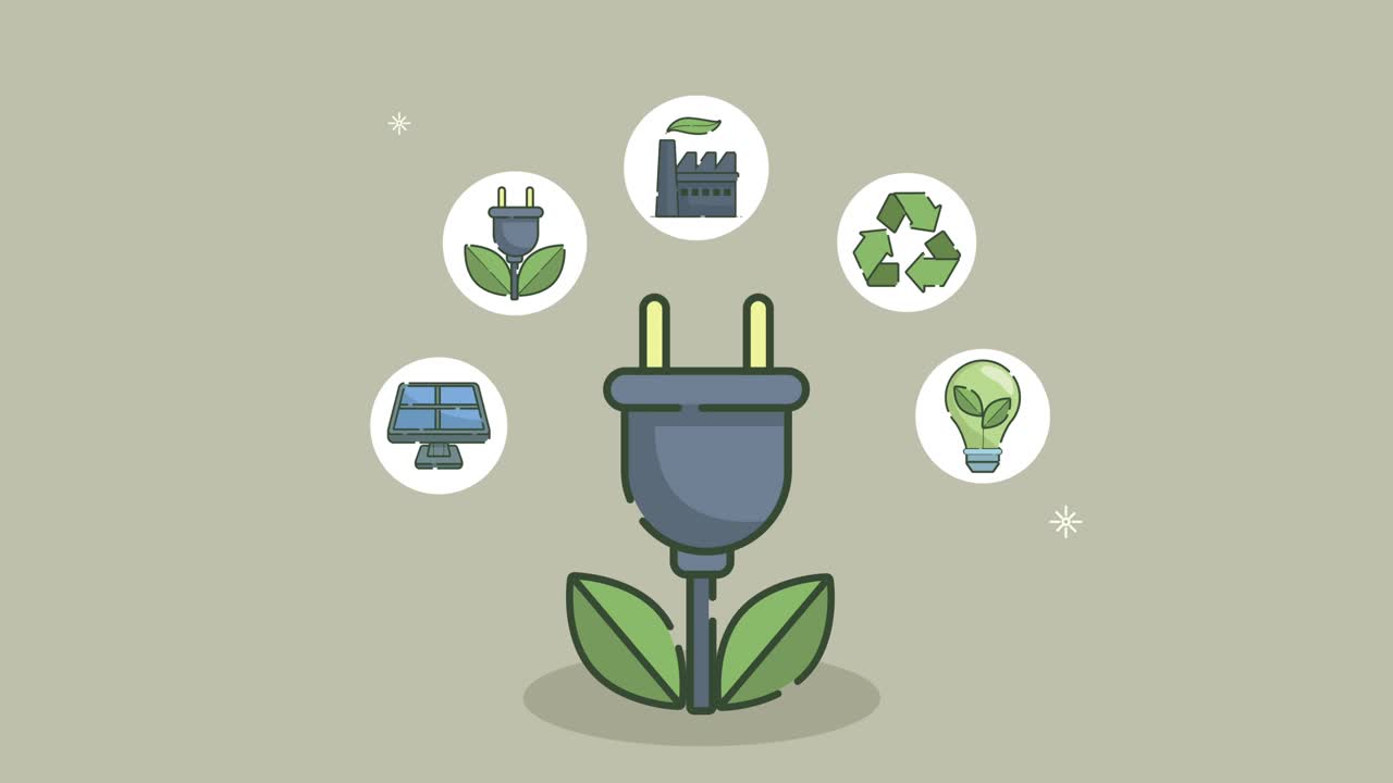animación ecológica con enchufe de conector e íconos alrededor
