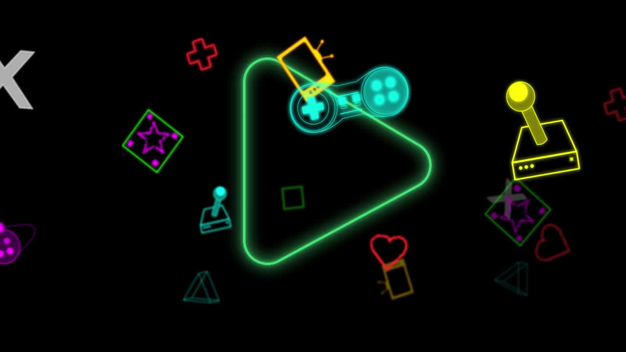 animación de la interfaz digital de videojuego de neón parpadeando sobre el botón de reproducción