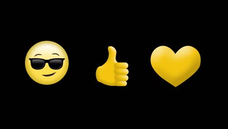 Cara-Con-Gafas-De-Sol-Emojis,-Pulgares-Hacia-Arriba-Y-Un-Icono-De-Corazón-Amarillo-Sobre-Fondo-Negro