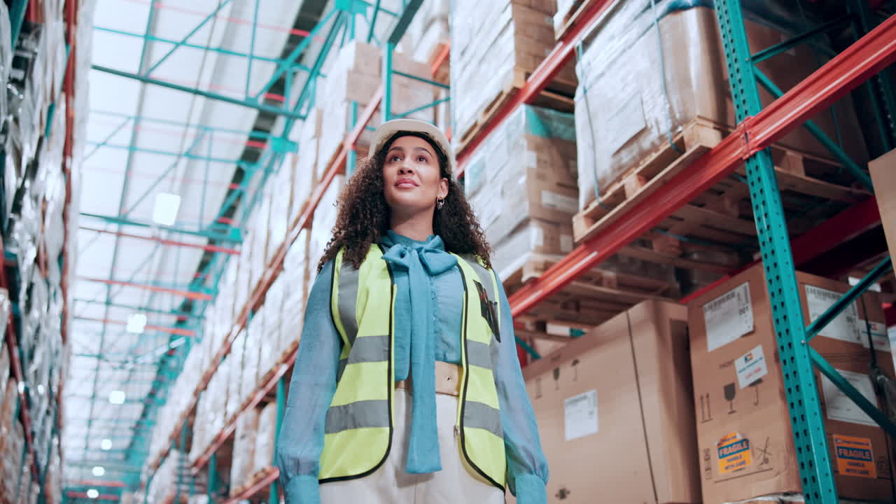 Confident Woman in Hard Hat Inspecting Warehouse Inventory