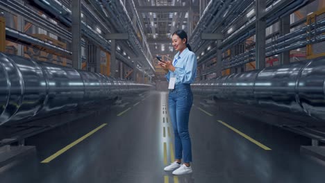 Full Body Side View Of An Asian Female Professional Worker Standing With Her Phone In a In Big Warehouse Filled With Metal Pipes, Working Continuously With Her Phone