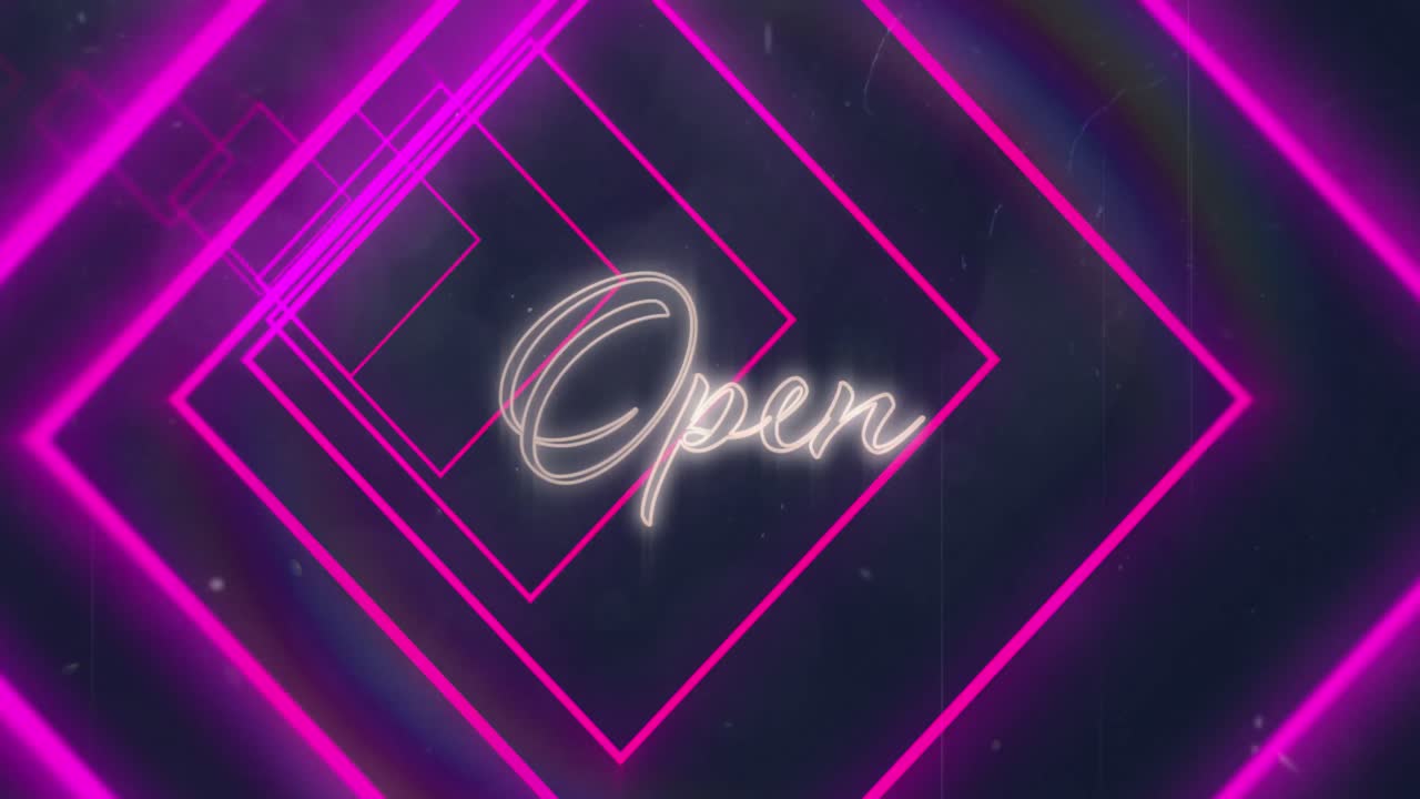 Animation of pink neon geometrical shapes over open text