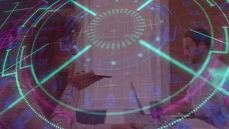 animación de patrones de mandala sobre mujer caucásica hablando en el altavoz de teléfono inteligente en la oficina