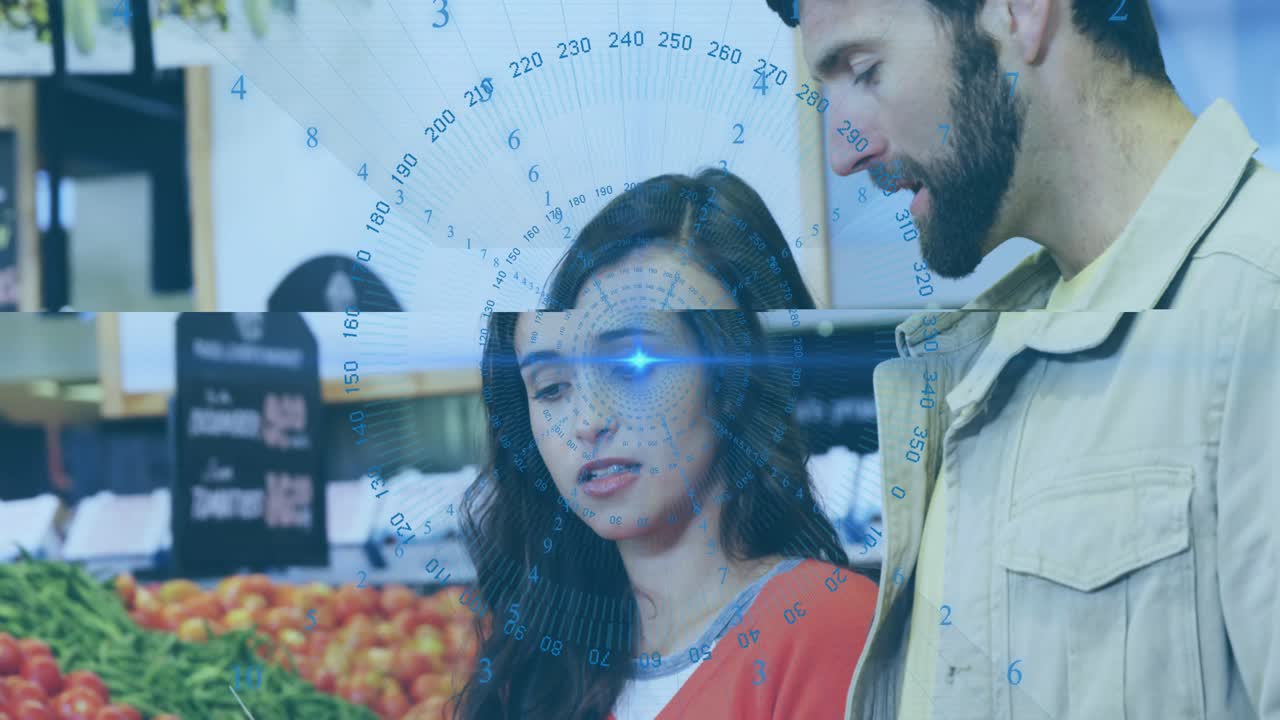 Woman holding yellow bell pepper, checking list while man scanning grocery overlay aligning face