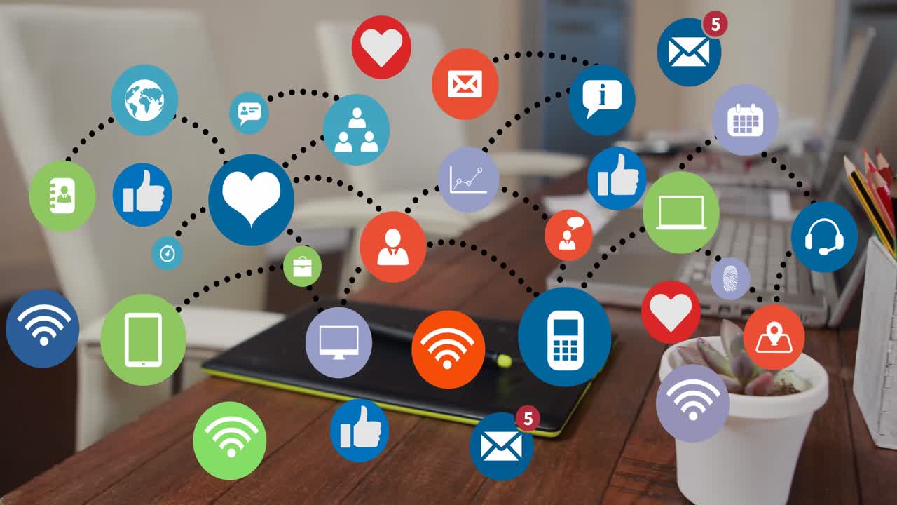 아이콘 네트워크의 애니메이션과 노트북을 통한 데이터 처리