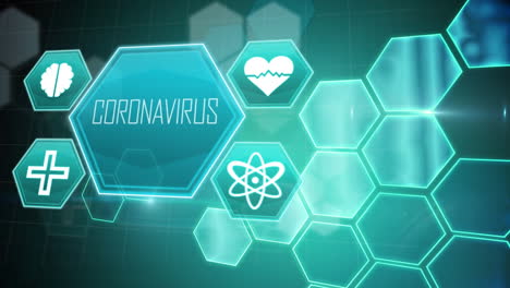 animation of coronavirus text with network of medical hexagon icons on green background
