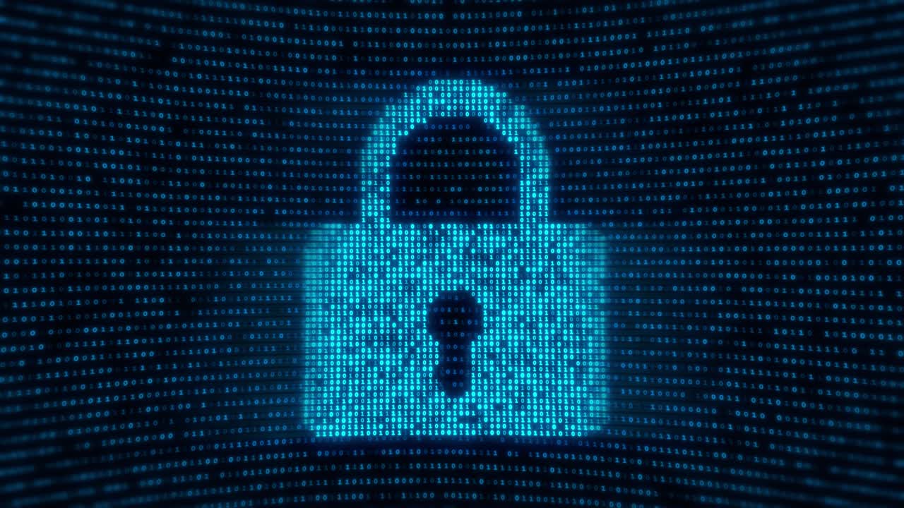 Abstract blue digital animation of digital lock binary code moving in the screen background malware