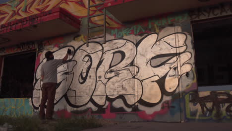 graffiti artist painting a mural on an abandoned building