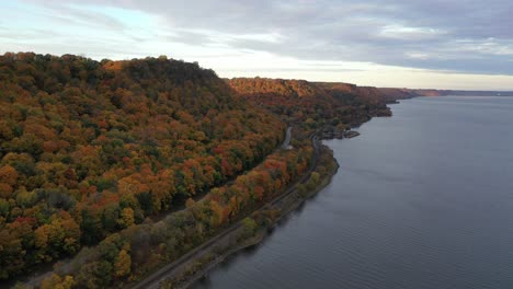 autumn foliage overlooking a lake and road