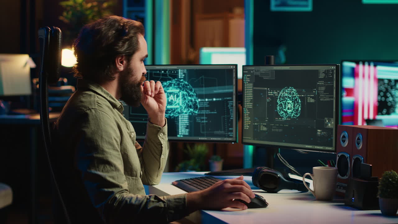 Man inserting disk into PC containing software turning AI into sentient being