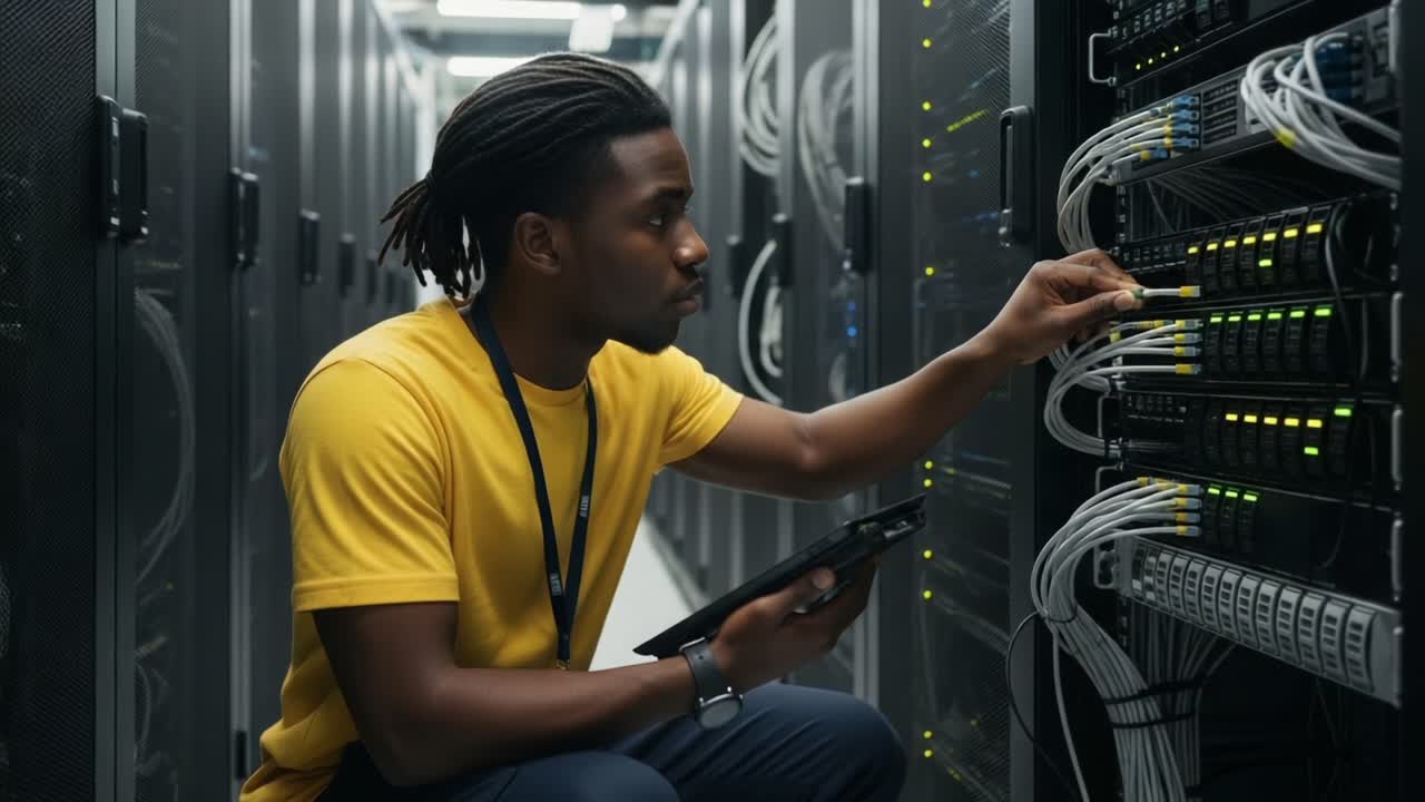 Technician Troubleshoots Network Servers in Data Center, Ensuring Optimal Performance and Connectivity While Managing Cables and Equipment Maintenance