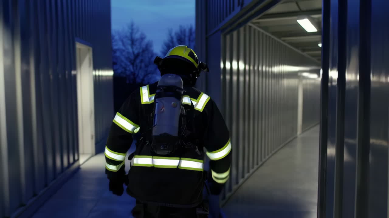Vigile del fuoco in un edificio moderno di notte