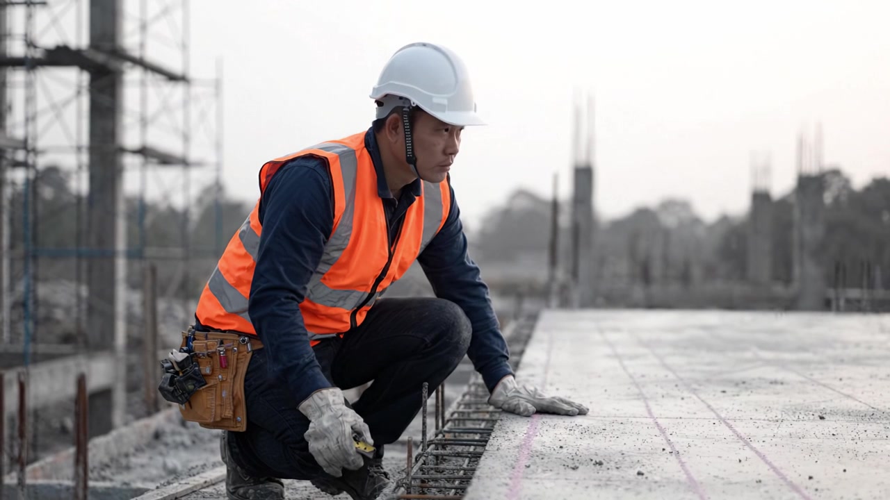 Construction Worker Focusing on Measuring and Preparing Concrete Framework for Building with Safety Gear and Tools at a Construction Site at Dusk
