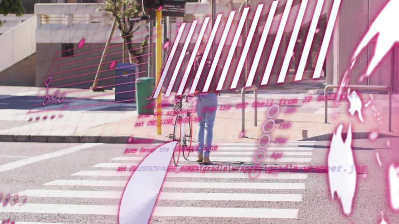Male commuter stepping onto crosswalk, walking bike to curb while pink overlays covering subject