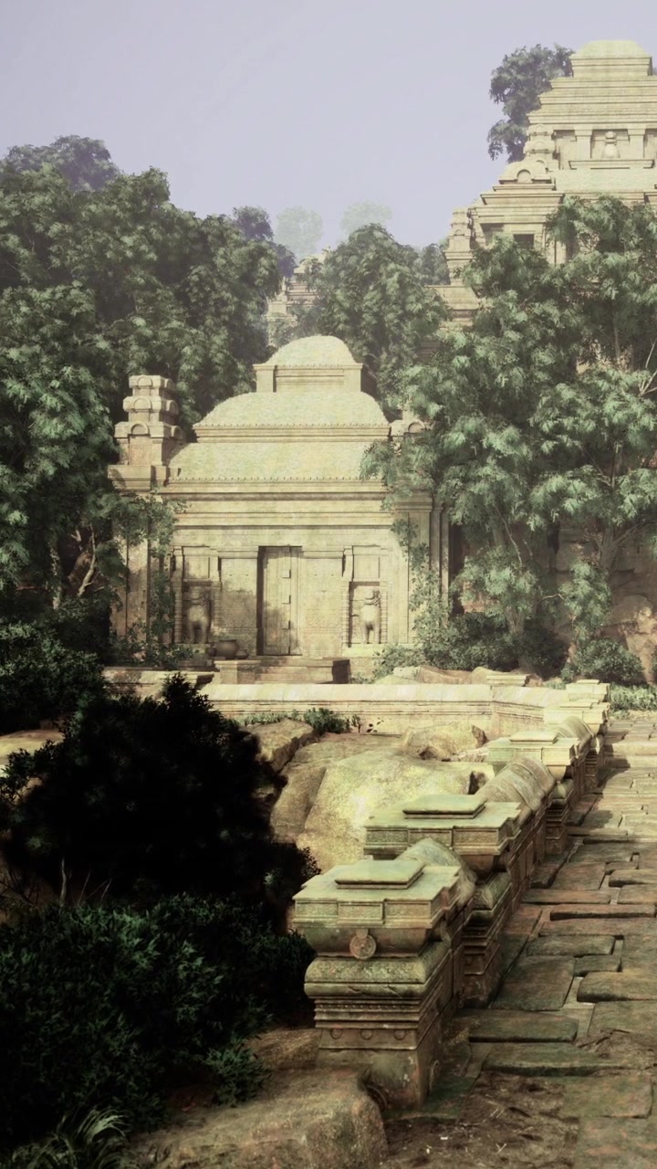 Ruines dans une forêt, avec d'anciennes structures en pierre et des arbres, baignées par un soleil éclatant