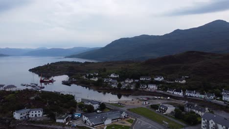 kyleakin village on isle of skye near skye bridge, west coast of scotland, highlands, aerial drone 4k hd footage fly over