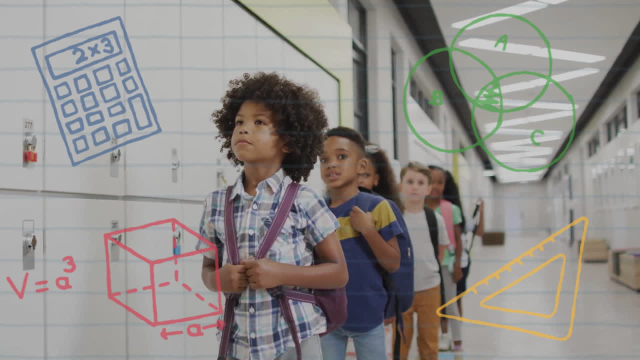 animación de iconos de artículos escolares sobre diversos escolares en la cola