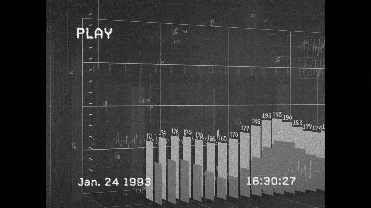 PLAY overlay starting playback, 3D bars emerging, growing, peaking, receding on grid, showing data