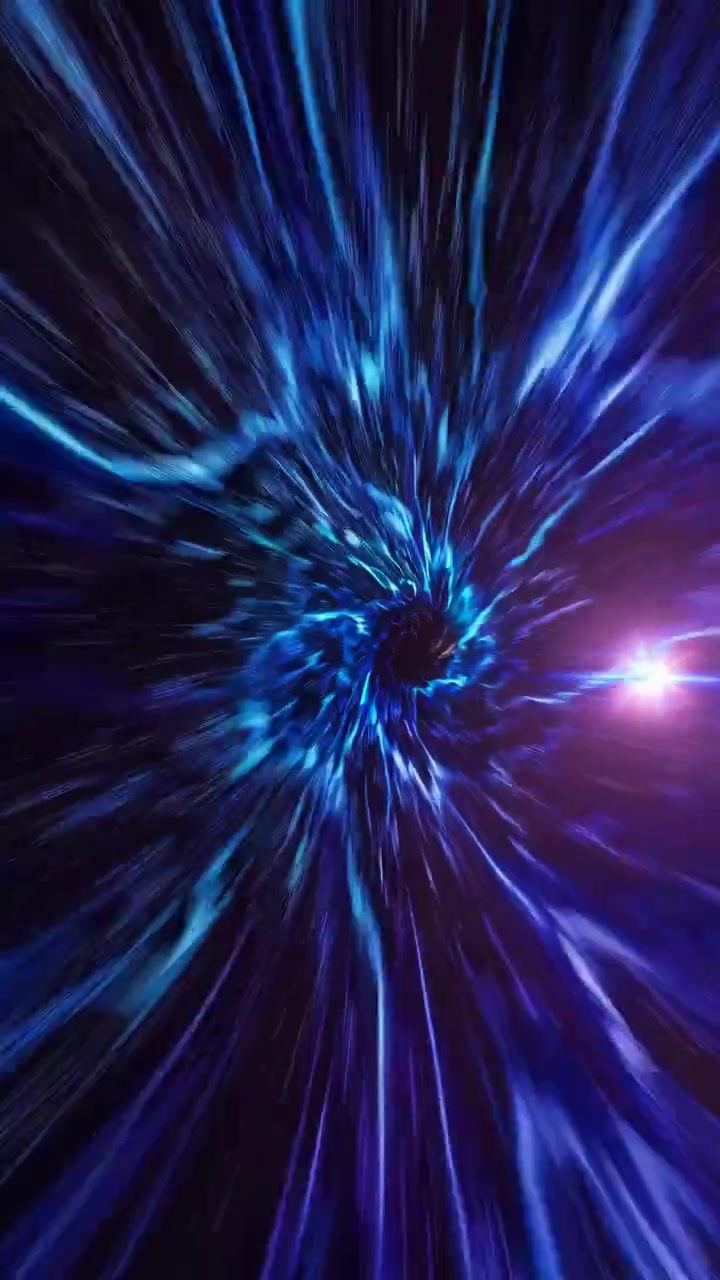 Volando attraverso un dinamico tunnel wormhole fantascientifico blu e viola