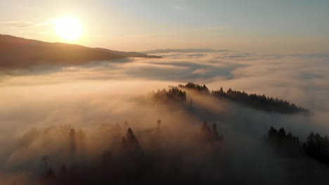 aerial shot of mountain top covered in clouds at sunrise with golden light