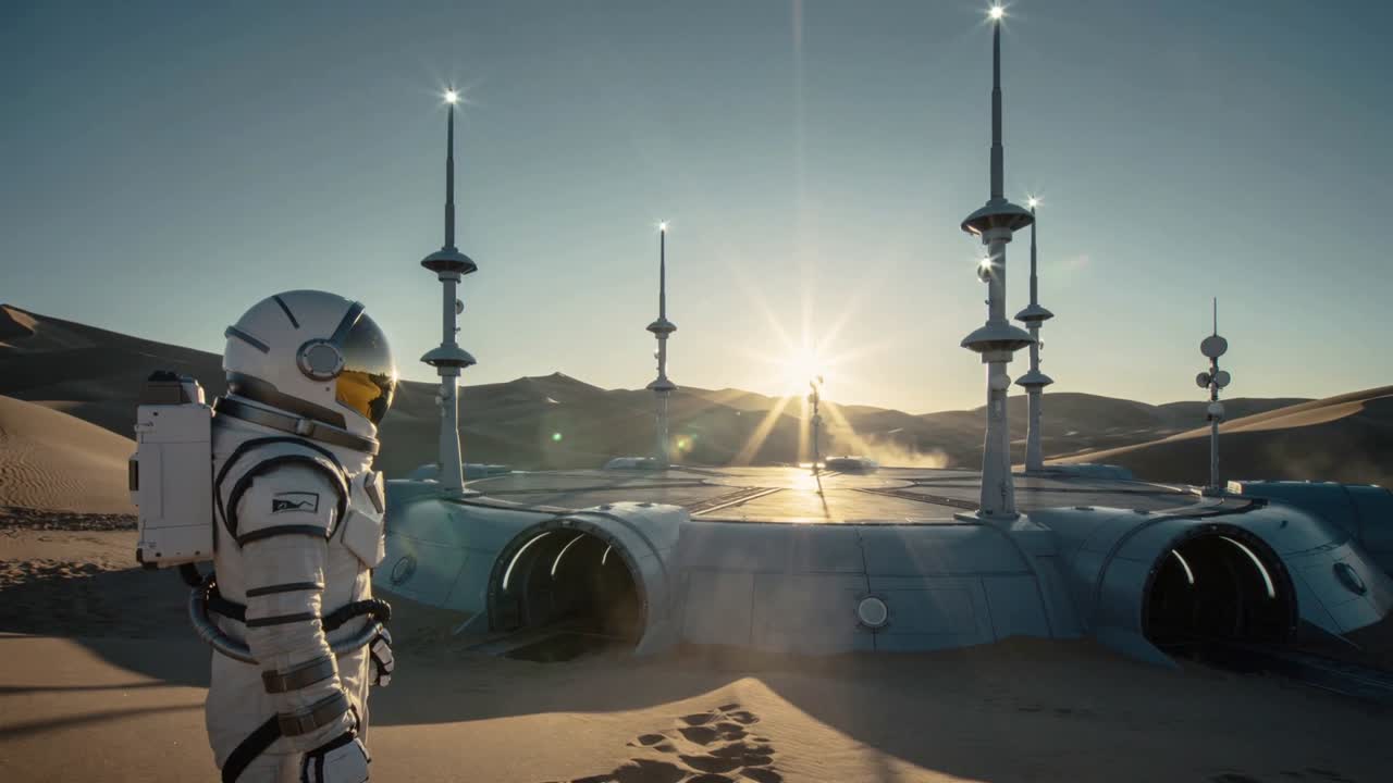 Astronauta in tuta bianca in pausa, che scruta una base interrata con antenna tra le dune, seguendo delle impronte; spazio per il testo.
