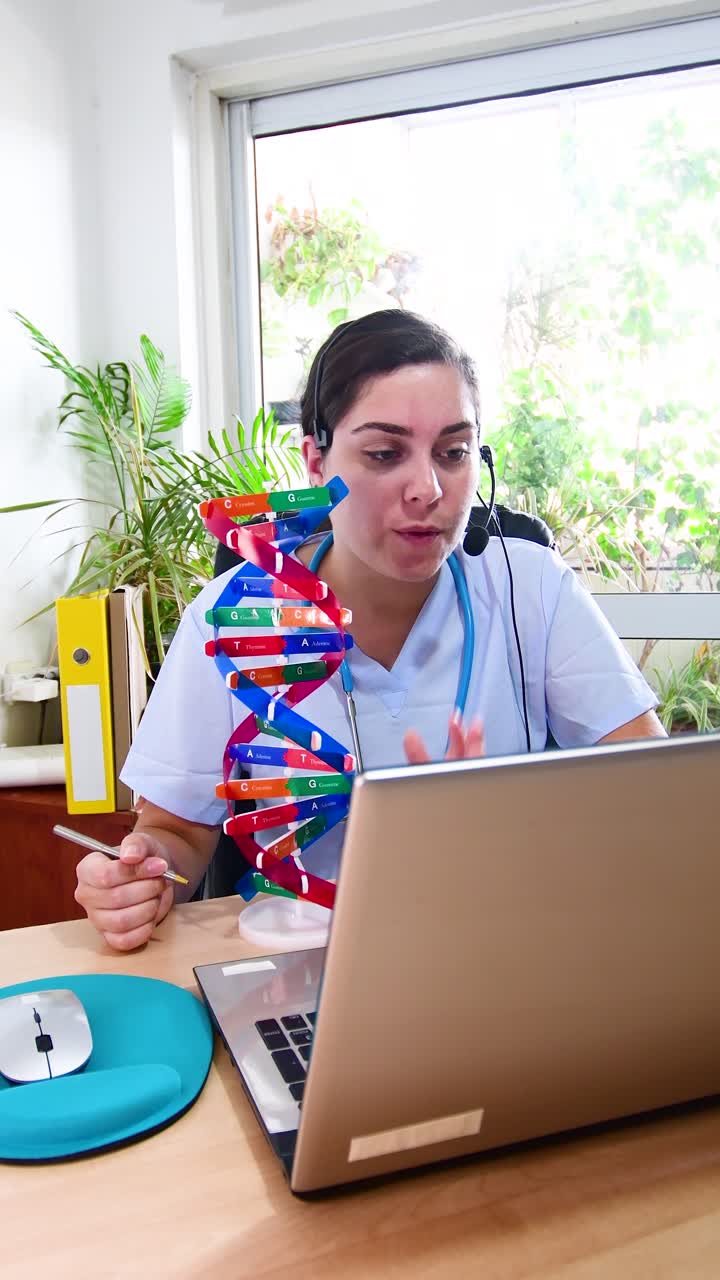 Female doctor talking with colleagues through a video call, with DNA structure.