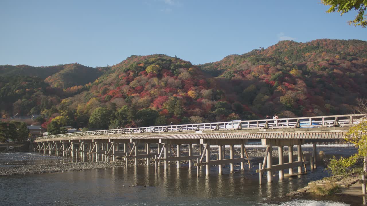 Autumn Scenery at a Wooden Bridge in Japan