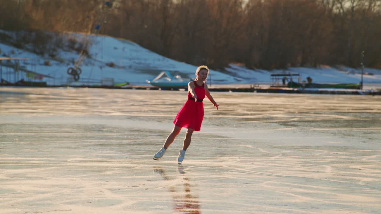Woman Ice Skating on Frozen Lake