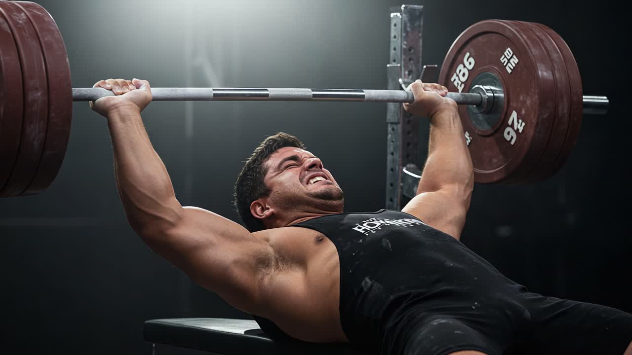 An Intense Strength Training Session: A Dedicated Athlete Performing a Heavy Bench Press with Maximum Effort and Focus Under Bright Gym Lights
