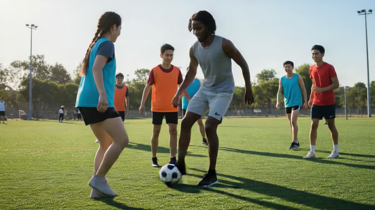 Group of diverse young people playing soccer on an outdoor field