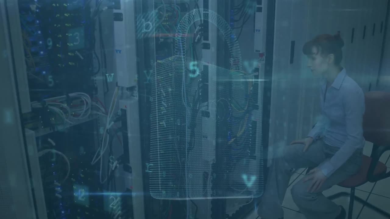 Animation of cyber attack text and data processing over caucasian female it technician by server