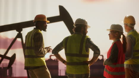 engineers and workers at an oil field at sunset