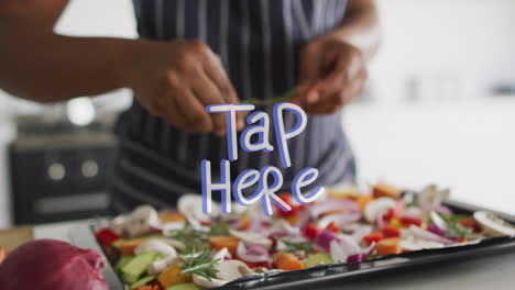 preparing vegetables, person in apron with tap here animation over scene