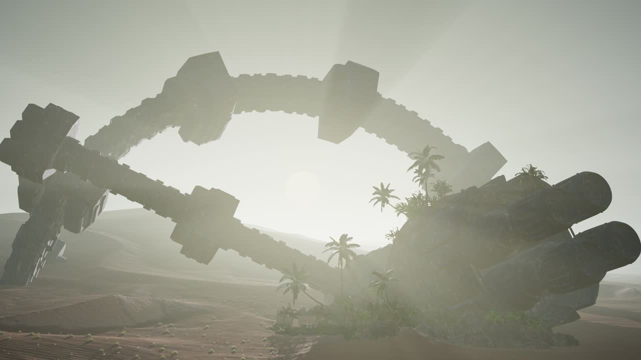 old rusted alien spaceship in desert. ufo