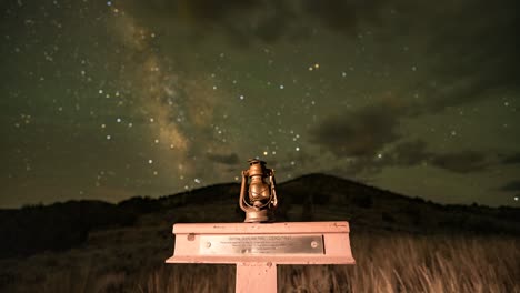 The-historic-marker-at-Lookout-pass-along-the-historic-Pony-Express-Trail-in-Utah-with-a-Milky-Way-time-lapse-in-the-background