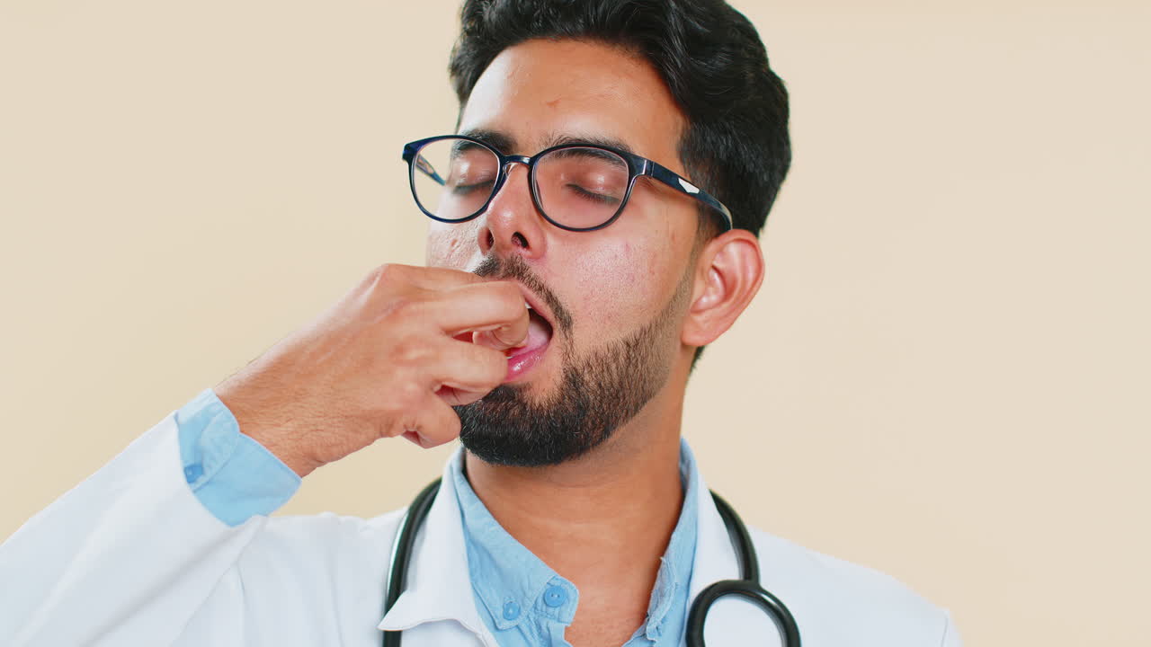 Medico uomo indiano di fede indù mette in bocca una compressa di omega-3 e raccomanda farmaci, vitamine e immunizzazione.
