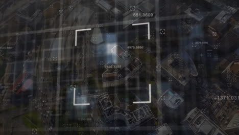animación del procesamiento de datos y cuadros sobre el paisaje urbano