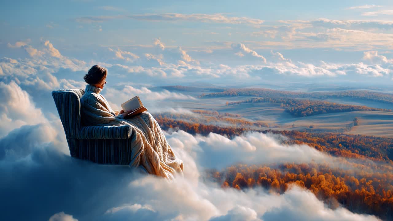 A Serene Escape: A Dreamer Immersed in Literature, Floating Above a Majestic Cloudscape as the Sunlight Illuminates the Vivid Landscapes of Autumn, Bathed in Soft Golden Hues