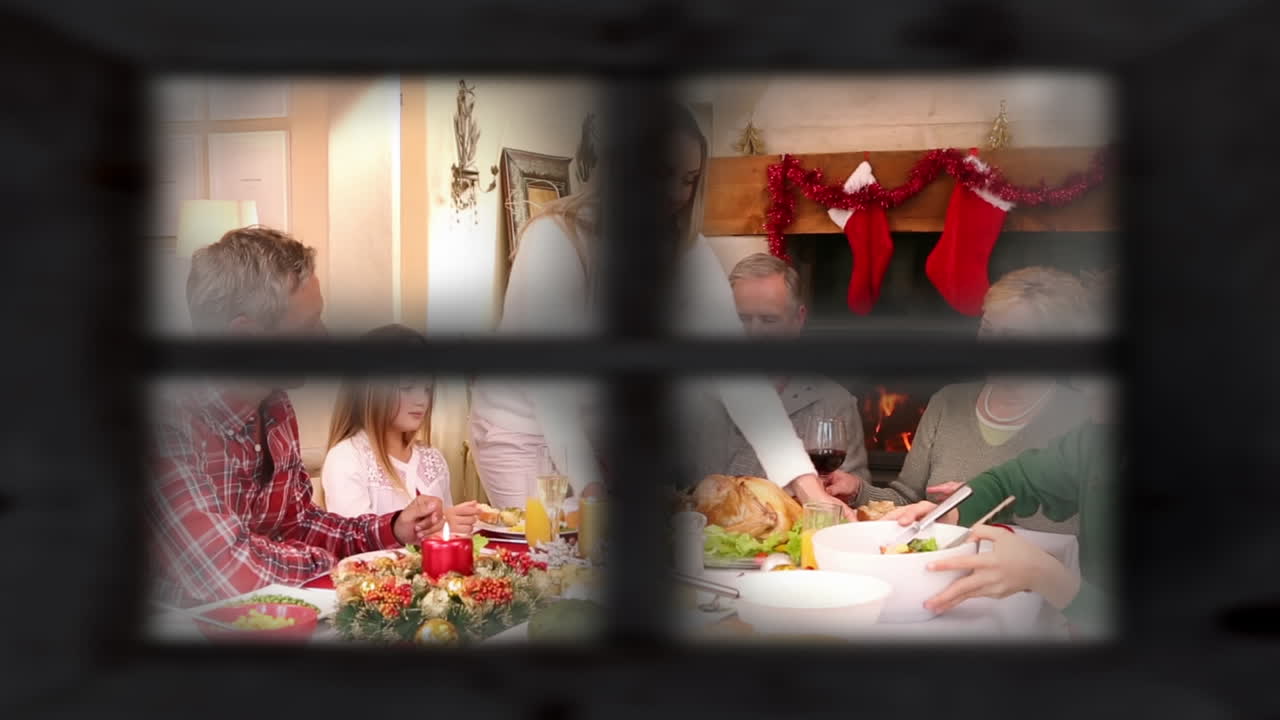 창문 을 통해 볼 수 있는 크리스마스 의 가족