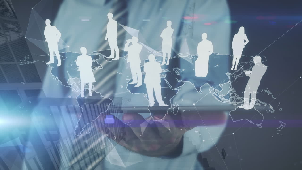 세계 지도와 연결 네트워크의 애니메이션 컴퓨터를 사용하는 비즈니스 사람들을 통해