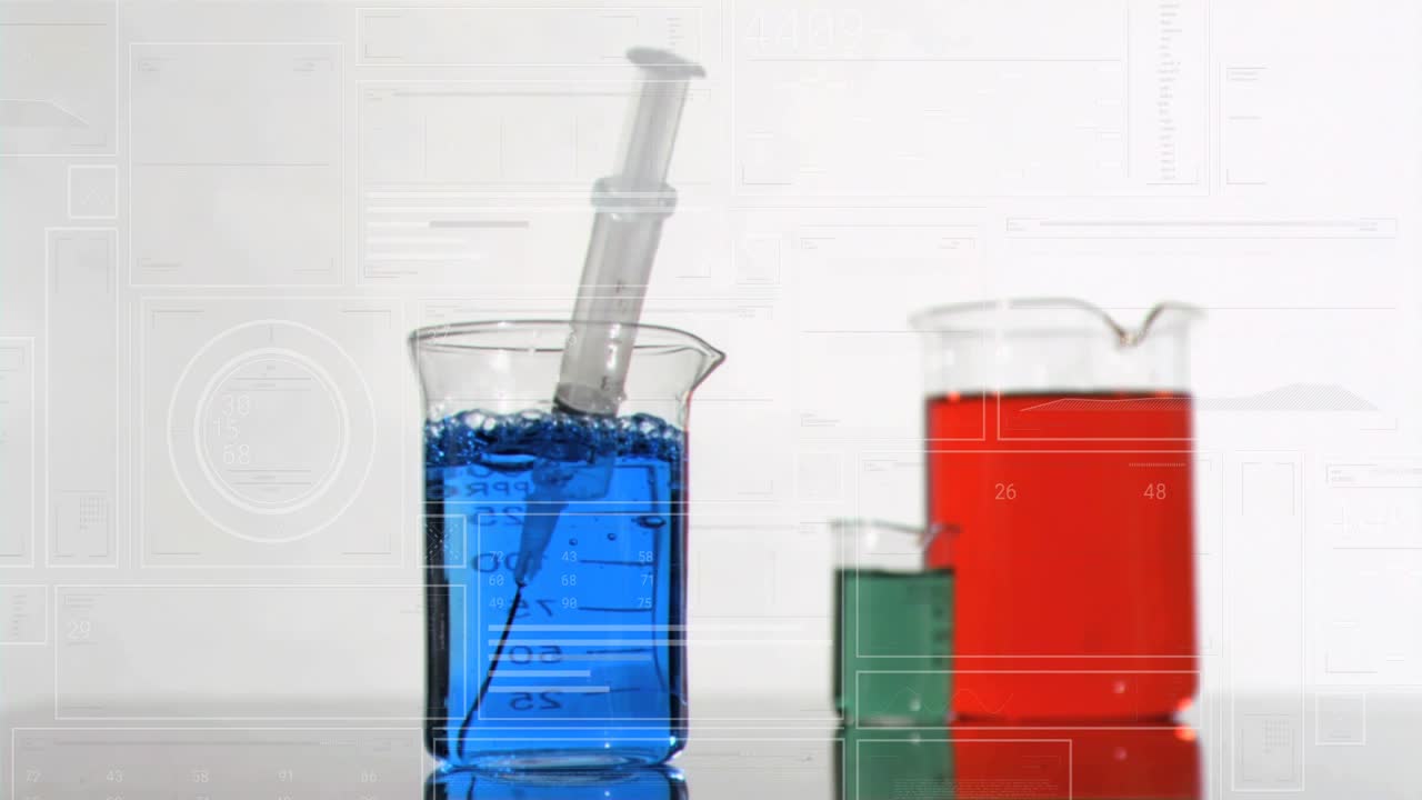 Needle dropping from above piercing big blue beaker syringe sinking pushing fluid rippling for demo