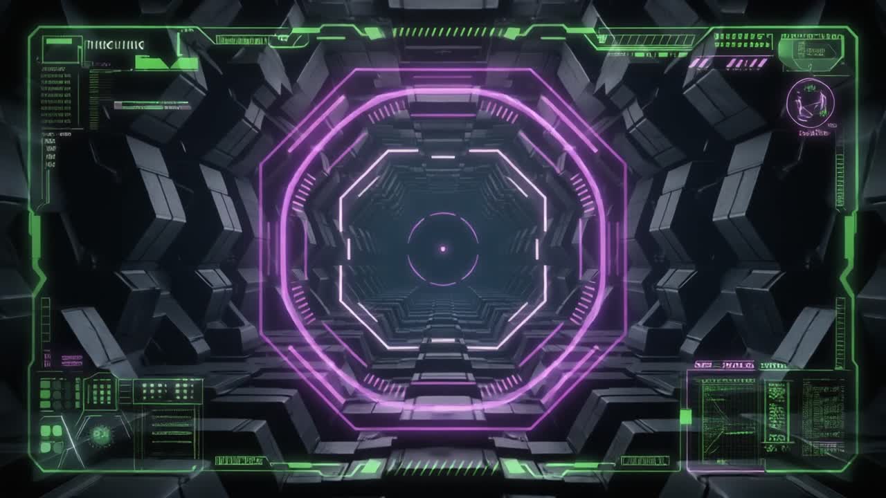 Interfaccia HUD futuristica che vola attraverso un tunnel geometrico scuro