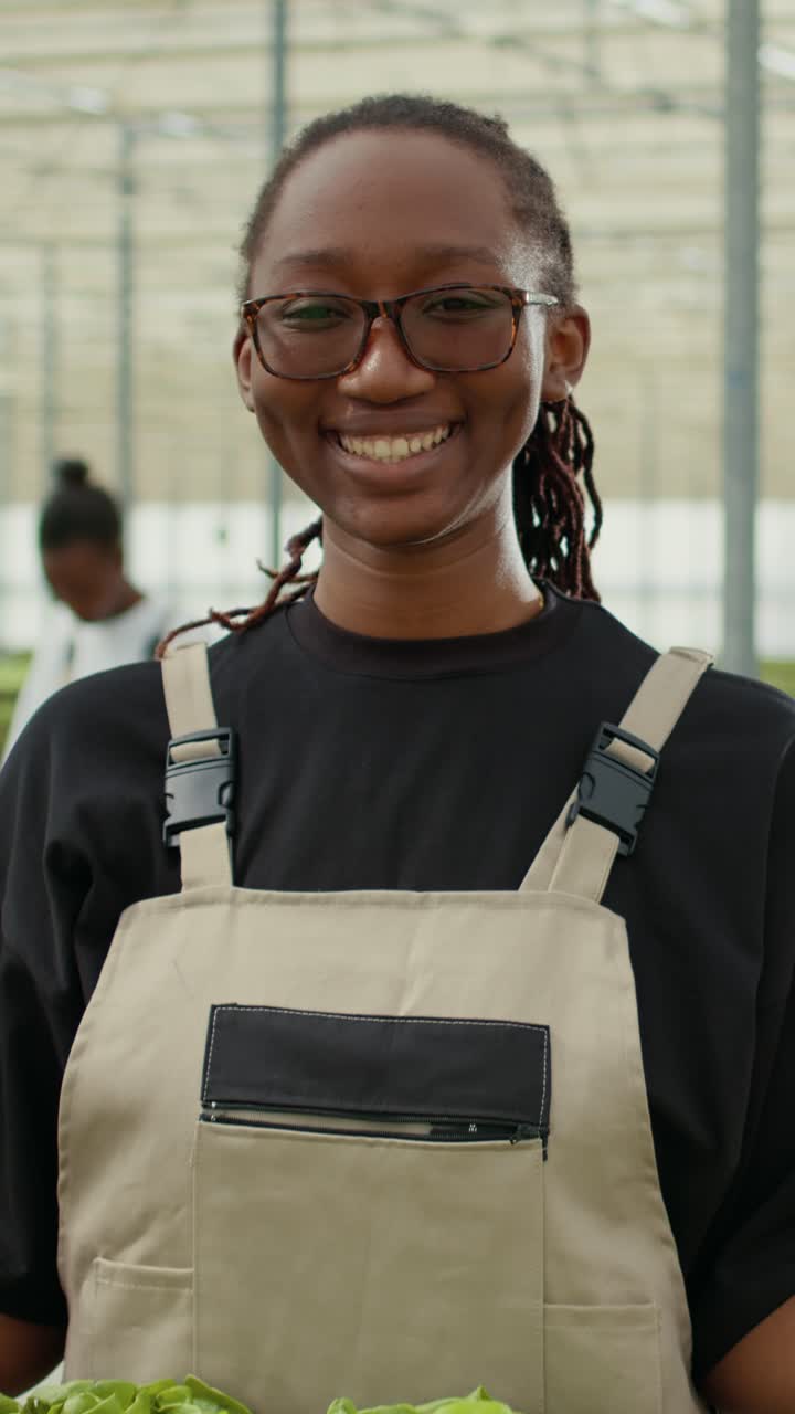 Retrato de um trabalhador afro-americano em uma estufa segurando um engradado com alface verde