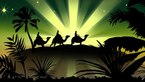 animación de la silueta de los tres hombres sabios sobre una estrella fugaz verde sobre un fondo verde